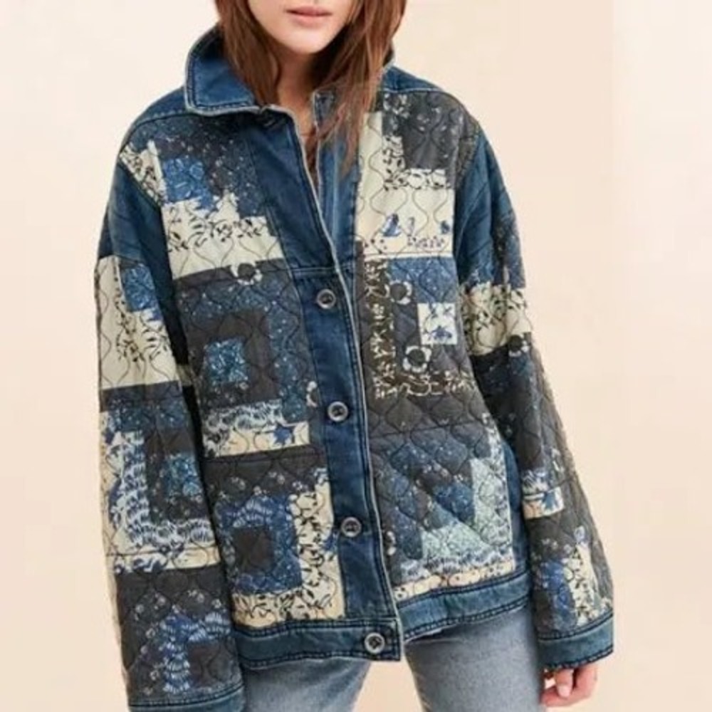 Free People We The Free Patchwork Quilted Denim Jacket Blue Floral Oversized L
